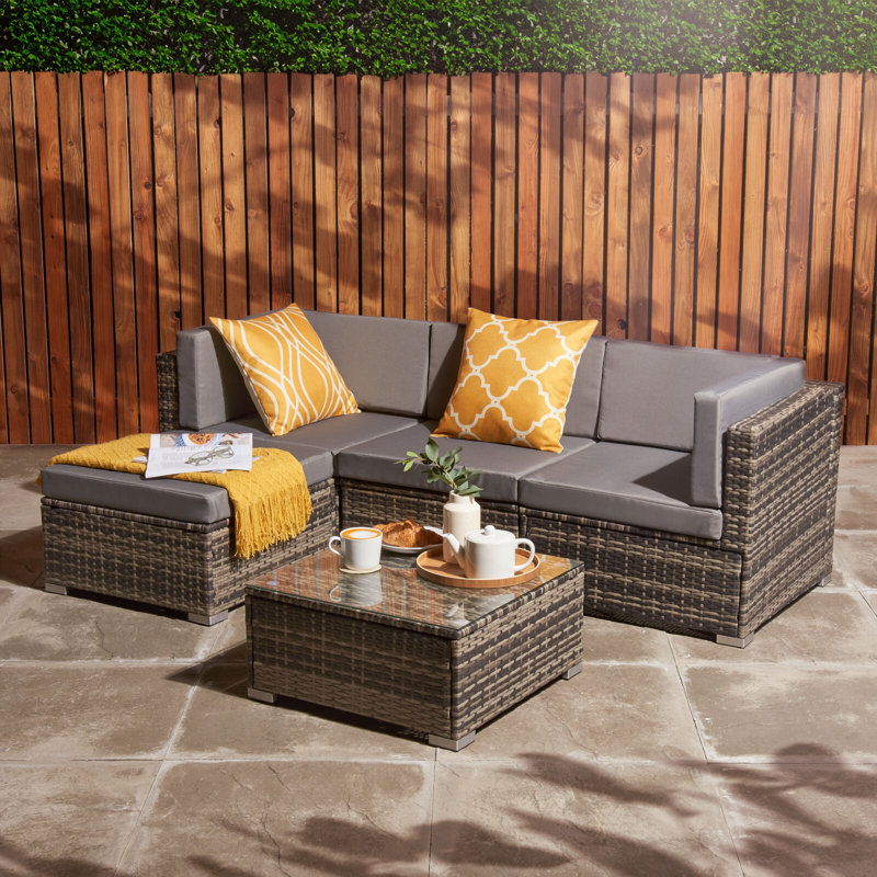 Elanora 193cm Wide L-Shaped Wicker Patio Sectional with Cushions