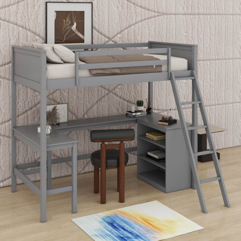 Lit mezzanine simple avec tablettes et bureau, Gris