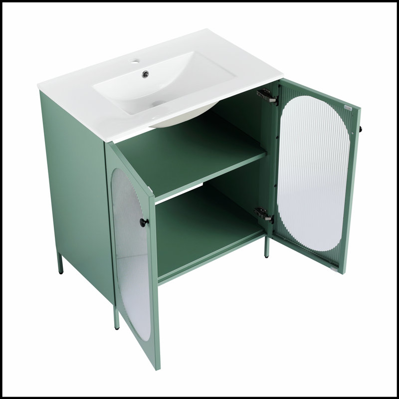 Meuble-lavabo autoportant de 30 pouces avec lavabo, porte en acrylique durable et pieds réglables pour un confort et une protection accrus.