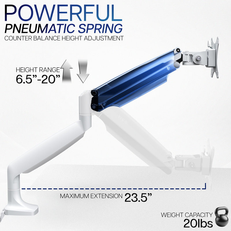 Support de bureau à accoudoir pneumatique en aluminium blanc VIVO, écrans jusqu'à 32 po