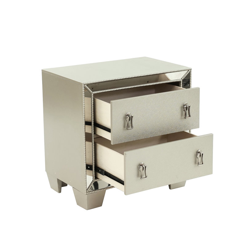 Table de chevet 2 tiroirs en argent avec détails en miroir - pour le rangement dans la chambre à coucher
