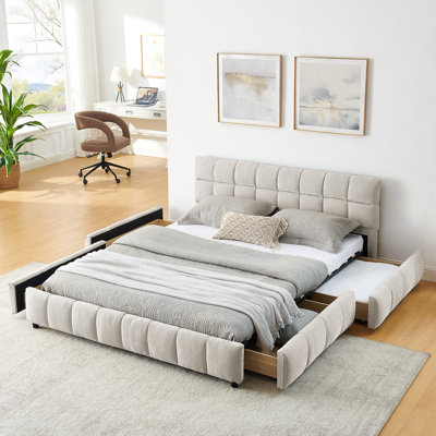 Grand lit plateforme tapissier avec tiroirs de rangement intégrés