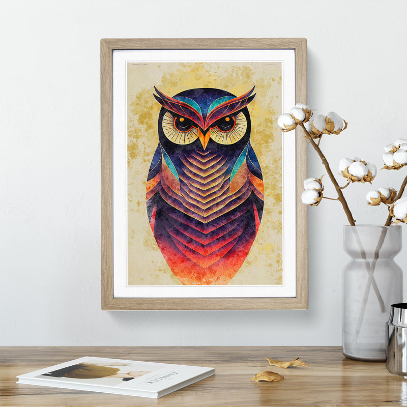 Owl In Watercolour No.2 Framed Print, 64cm H x 46cm W x 2cm D, Oak