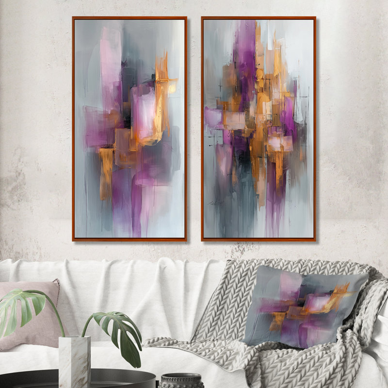 Encre mauve à encre liquide mauve prismatique I - Collection d'art abstrait 2 pièces, H 40 po x l 41 po, Cadre flottant brun