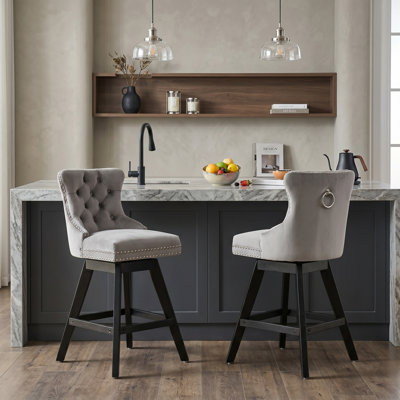 Set Of 2 Bar Stools,  Velvet Swivel Stools With Button Tufted Backs And Wood Legs, Chrome Nailhead Trim Accent
