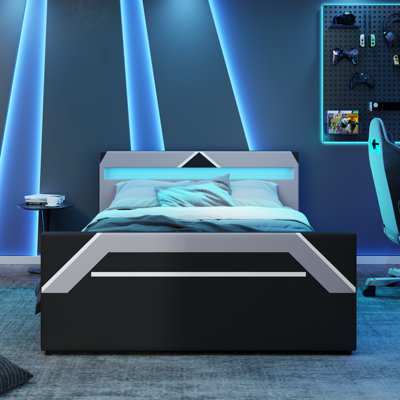 Queen Gaming Bed LED Headboard Hydraulic Storage Cyberpunk Platform Bed Frame Black Gray