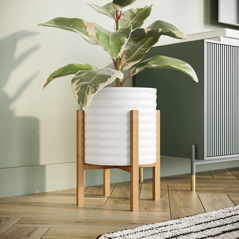 Rhodie Metal Planter with 4-Leg Wood Base, 14.75" H x 12" W x 12" D