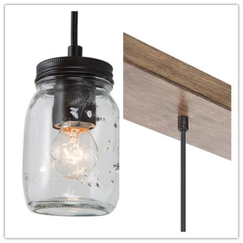Suspension linéaire Paoli à 5 lumières en faux bois avec abat-jour en verre bocal pour intérieur sec