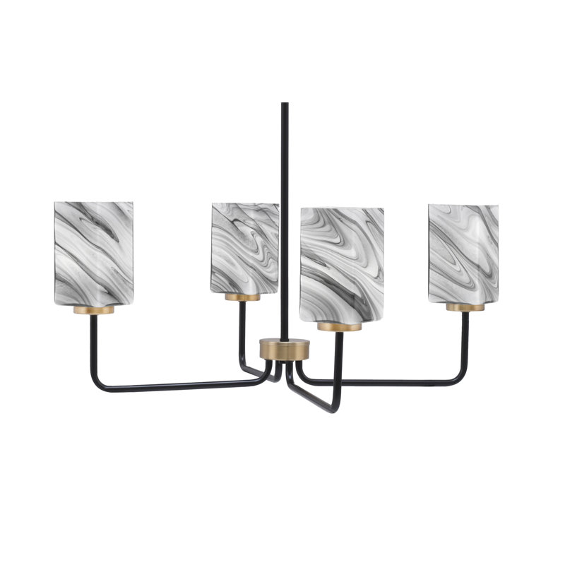 Lustre 4 lumières Amarmula, noir mat et finition laiton nouvel âge, verre onyx carré de 3,5 po, Noir/laiton