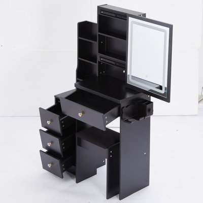 29.2" Small Size Left Bedside Cabinet Vanity Table + Cushioned Stool, 2 AC+2 USB Power Station, Hair dryer bracket, Extra Large Touch Control Sliding LED Mirror, Tri-color Switching, Brightness Adjust