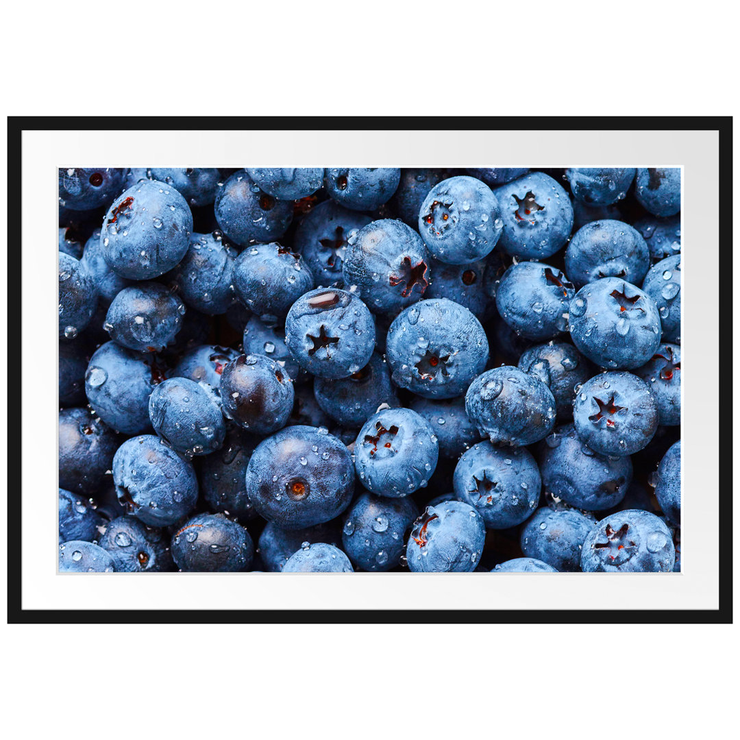 Gerahmtes Poster Blaubeeren mit Wassertropfen