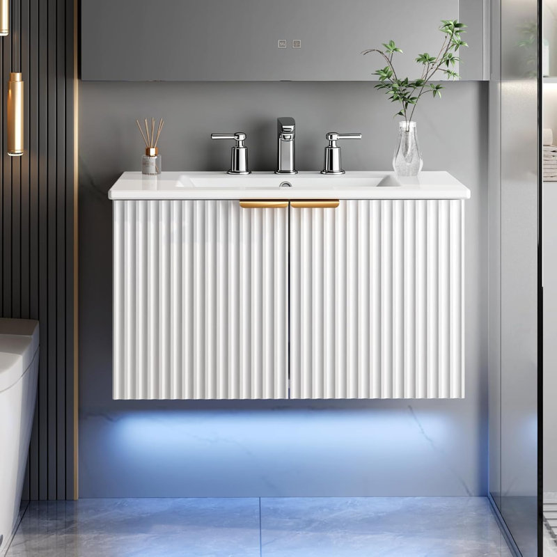 Meuble-lavabo flottant mural 30 po avec lavabo et lumière DEL, blanc, Blanc