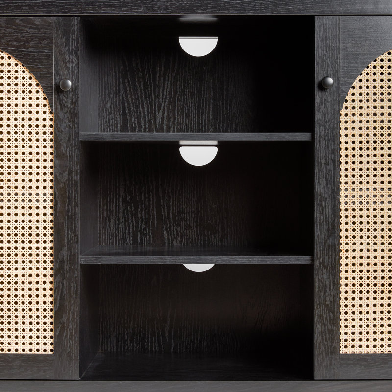 Buffet 58 po à 2 portes avec panneaux en rotin arqué, Noir