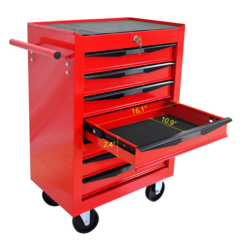 Armoire à outils en métal à 7 tiroirs en rouge et noir, acier laminé à froid, glissières à roulement, capacité de charge de 15 kg, 4 roulettes pivotantes avec option de verrouillage