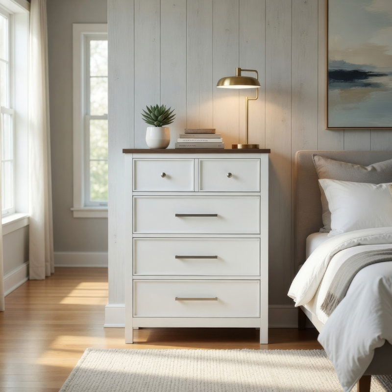 Commode Tela, 5 tiroirs avec poignées nickel, blanc et brun