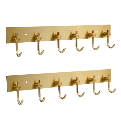 Decorative Adhesive Key Holder for Wall - 6 Row Stainless Steel Key Hooks Organizer, No Drill Mounting, Golden Key Hanger (2 Pack)