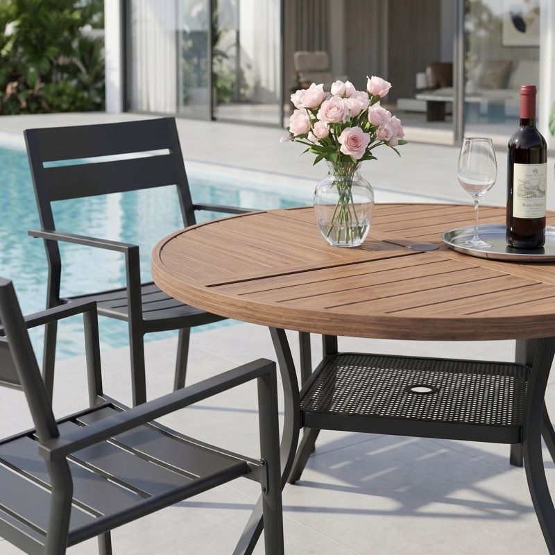 4-Person Round Patio Dining Set With Stackable Chairs, Brush Wood Brown/Black