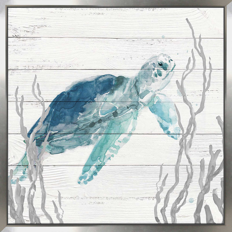 «Aqua Turtle I» par Carol Robinson - Peinture, L 21,5 po x H 21,5 po, Encadrement argenté