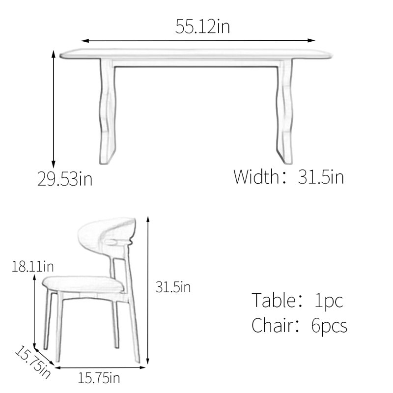Wavy feet sintered stone dining table set, 29.53" H x 55.12" L x 31.5" W
