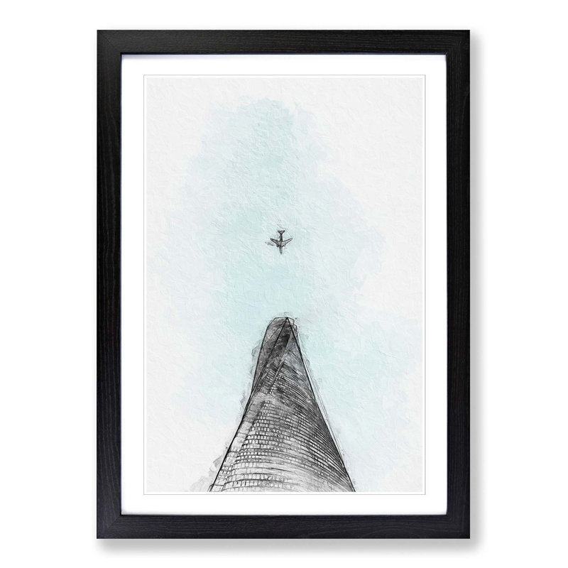 Airplane Above The World In Abstract - Single Picture Frame Painting, Black Framed, 33cm H x 24cm W x 2cm D