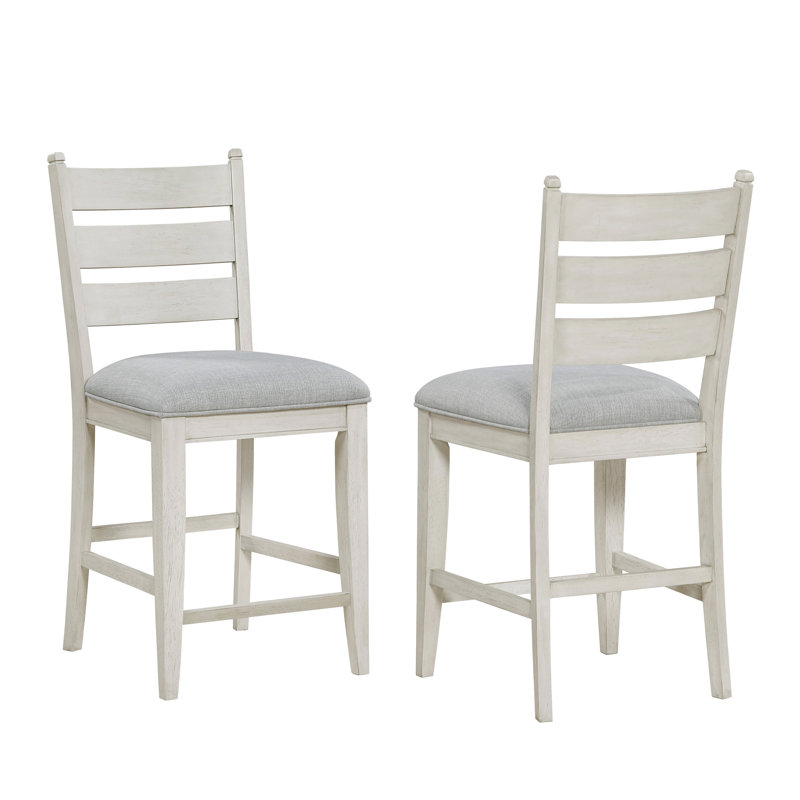 Chaises à hauteur de comptoir de 2 avec aspect blanc antique, siège gris confortable, dossier, structure en bois, pour la salle à manger, assemblage requis