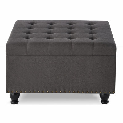 Large Square Storage Ottoman With Wooden Legs, Upholstered Button Tufted Coffee Table With Nail Trims