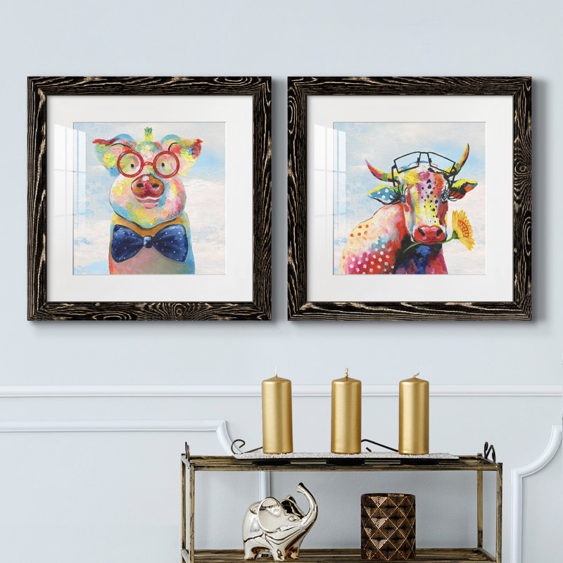 Groovy Pig and Sky - ensemble de 2 peintures, Papier encadré noir, H 40 po x l 40 po x P 1,5 po