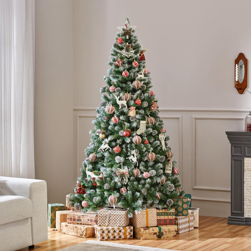 Arbre de Noël artificiel, arbre de Noël enneigé avec 64 pommes de pin, 920 pointes givrées, arbre pré-décoré, 7'6"