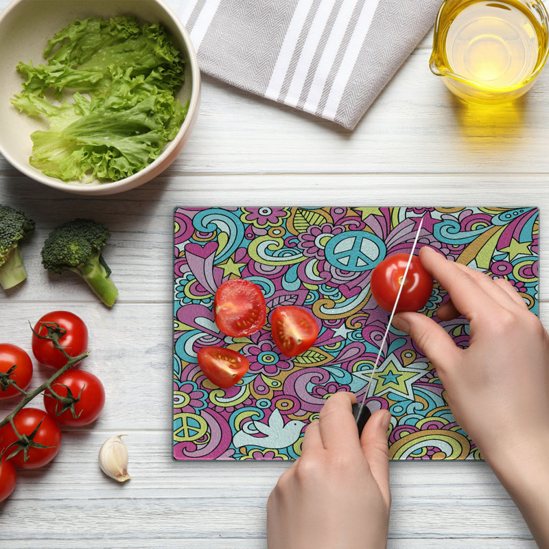 Ambesonne Groovy Tempered Glass Cutting Board Funky 60s Fun Retro Multicolor