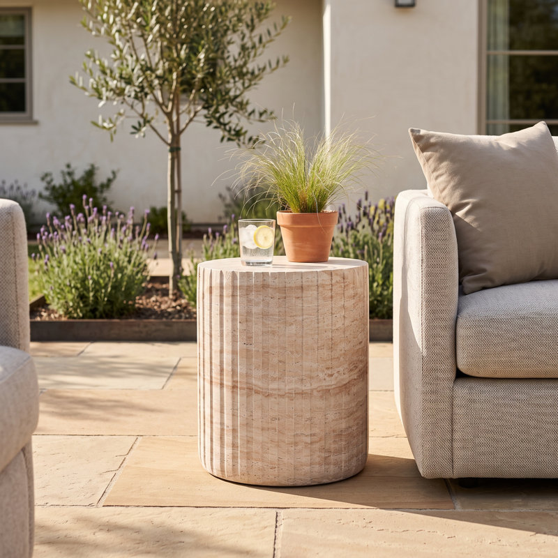 Halona Round Magnesium Oxide Outdoor Side Table, Beige