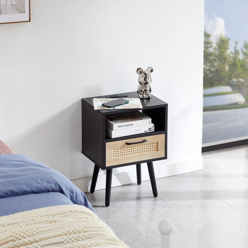 Okawville Rattan Nightstand with Drawer Bed Side Table Modern Nightstand Bedroom End Tables, Black Incorrect