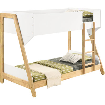 Twin Bunk Bed With White And Natural Wood, Low Headboard, Angular Silhouettes For Bedroom Design Contemporary In Coastal Style, Guard Rails