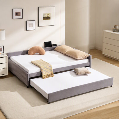 Lit de jour rembourré avec lit gigogne, structure de lit en bois robuste, conception de grille de diamant moderne, pour chambre à coucher, chambre d'amis (gris)