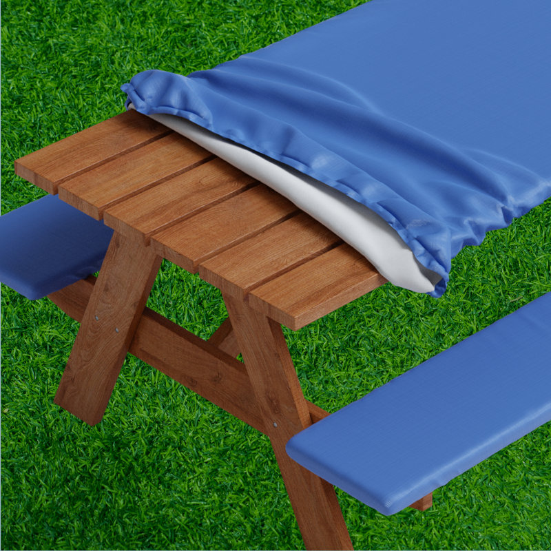 Roudebush Picnic Table And Bench Fitted Tablecloth Cover, Solid Design, Flannel Backed Lining, 30 X 72 Inch, 3-Piece Set, GREEN