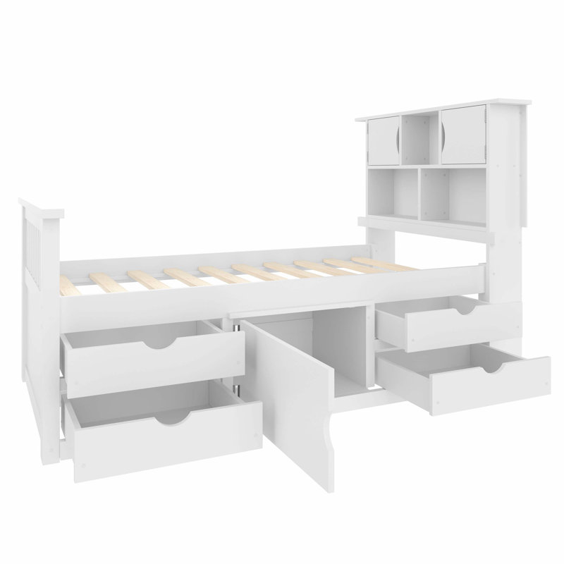 Lit plateforme simple de style capitaine avec bibliothèque intégrée, étagère de rangement et quatre tiroirs pratiques, blanc