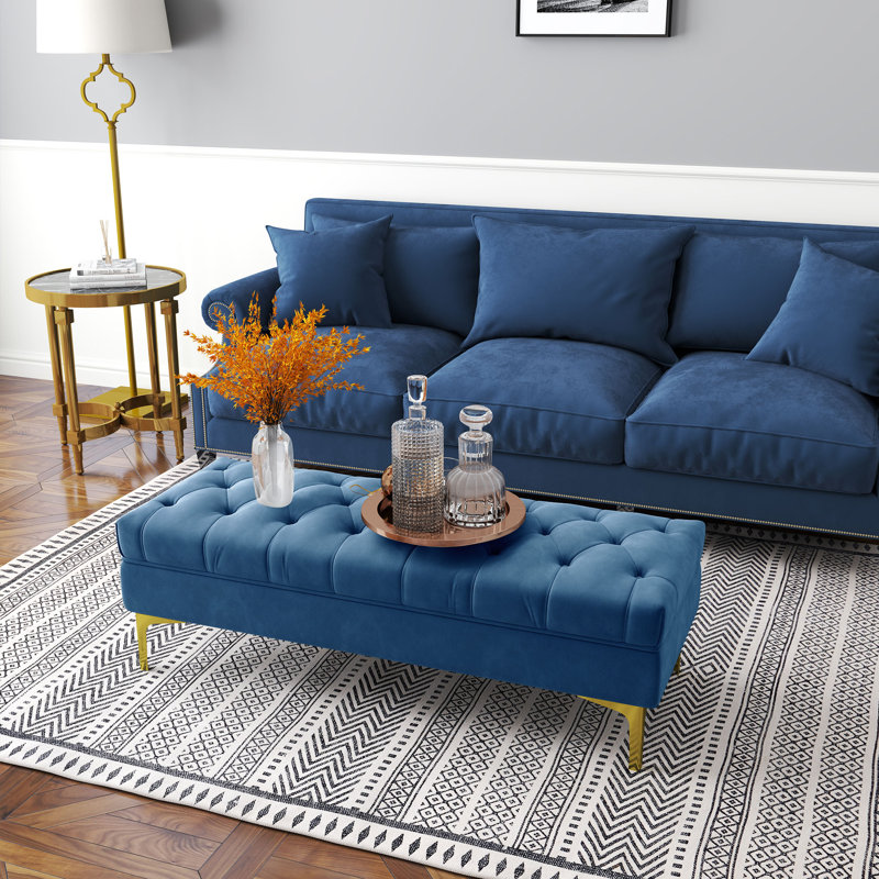 Banc rembourré en velours capitonné à boutons pour chambre à coucher, Bleu