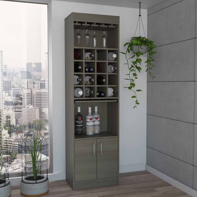 Kava 71" Tall Bar Cabinet with 16 Cubbies, Shelf, Concealable Tray and Double Door