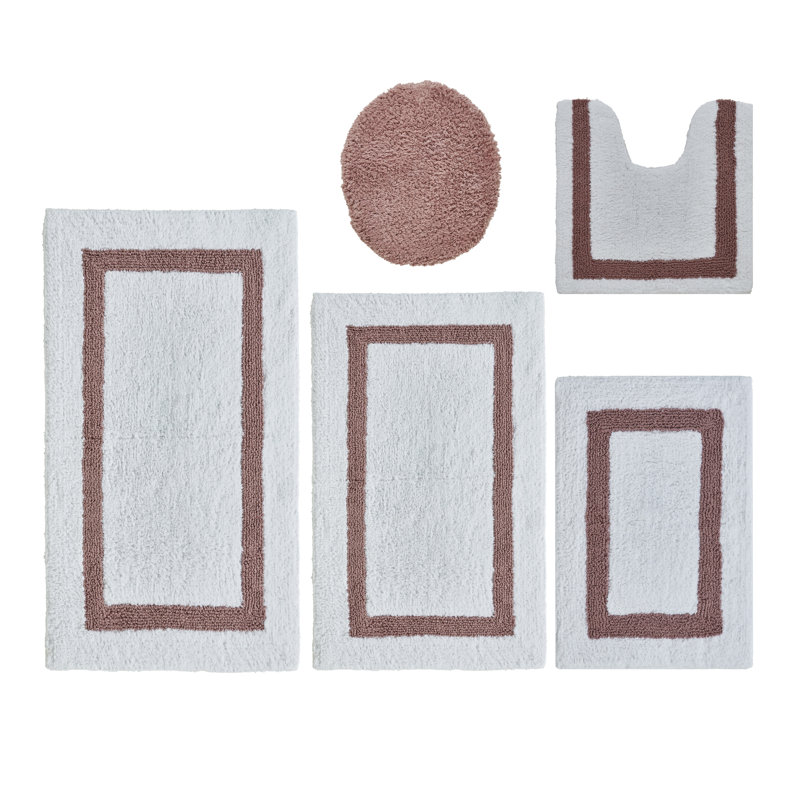 Ensemble de tapis de bain 5 pièces Makbul Premium 100% coton 2370 g / m², certifié OEKO-TEX®, tapis de salle de bain touffeté ultra moelleux, super absorbant, réversible, lavable à la machine, confort semblable au spa, blanc / rose
