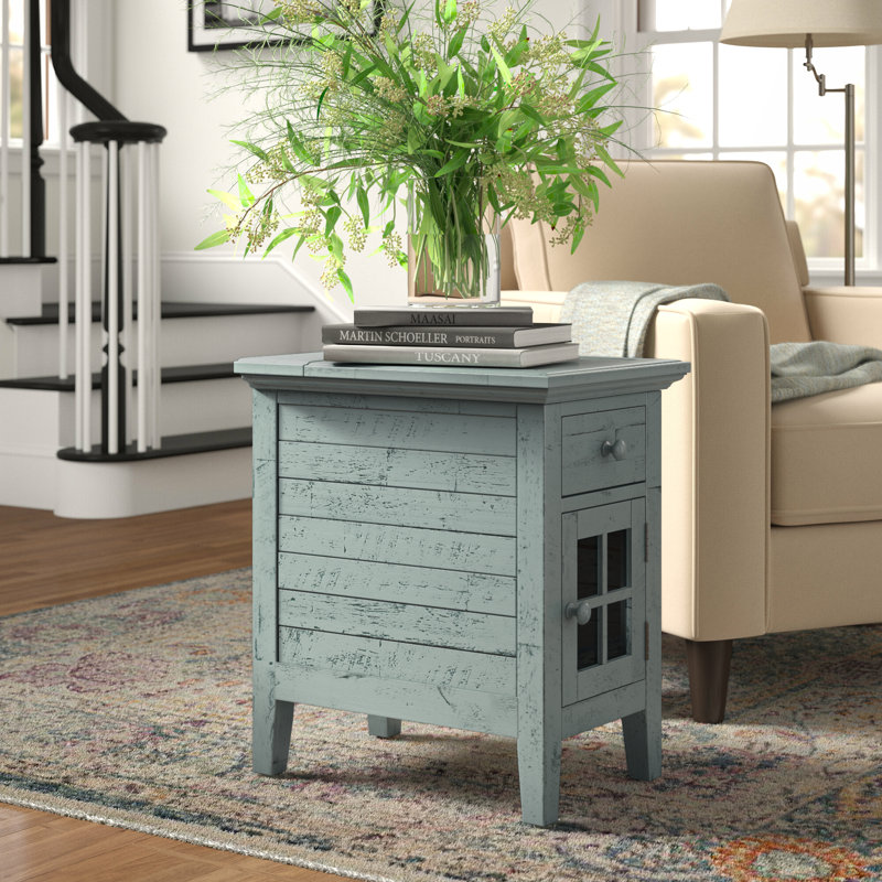 Knorr Solid Wood End Table with Storage and Built-In Outlets, Surfside