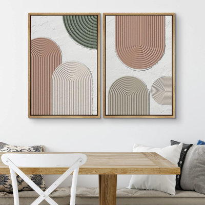 Mid-Century Geometric Polygon Circle Landscape - ensemble de 2 reproductions encadrées sur toile