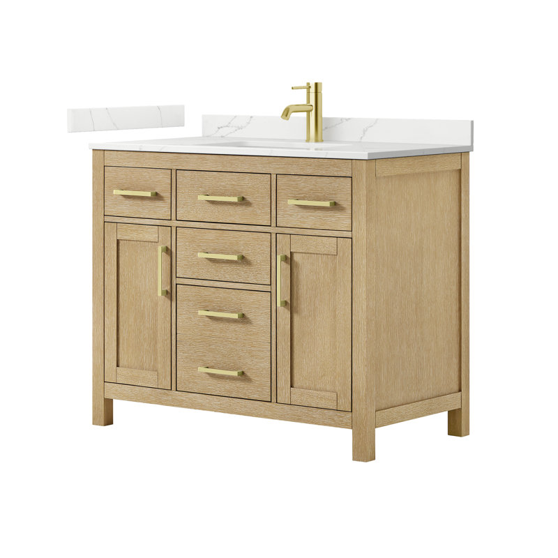 Beckett 42" Freestanding Single Bathroom Vanity with Quartz Top, Brushed Gold, Giotto Quartz, Whitewashed Oak
