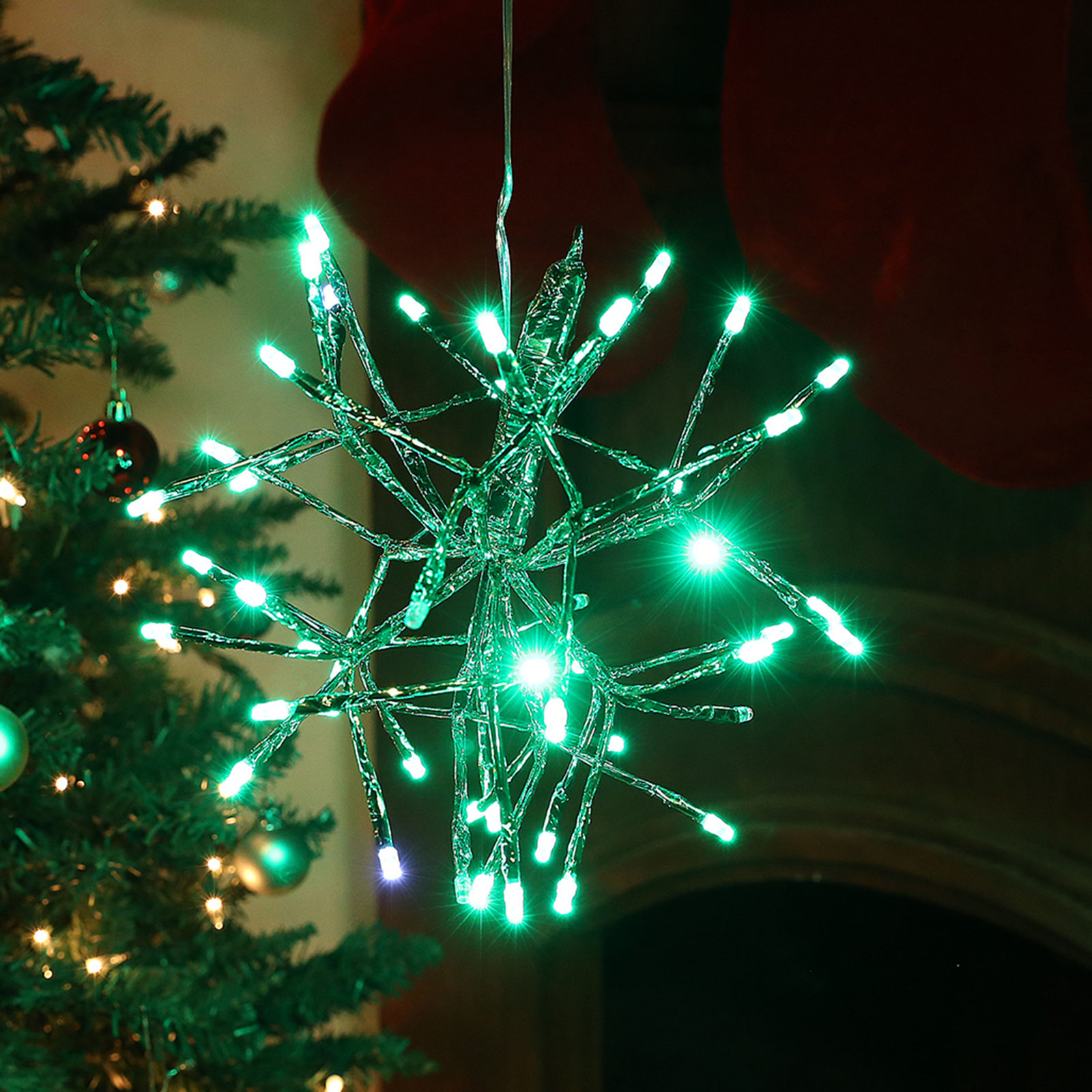 Indoor Holiday 3D Snowflake Hanging Ornament with LED Lights, Green, White, 16"