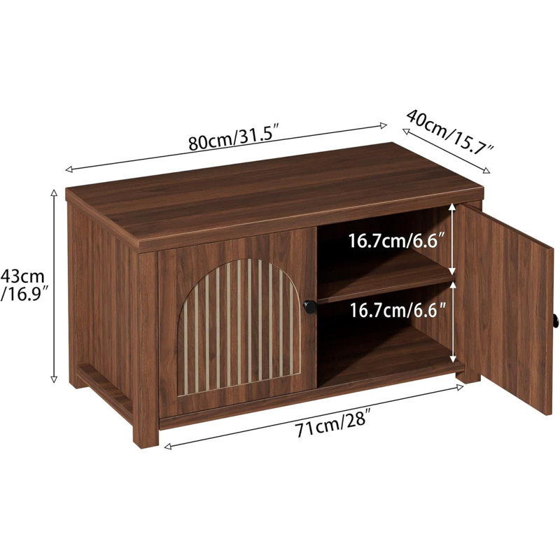 Fluted Storage Bench With 2 Doors, 2 Tier Shoe Cabinet Bench With Adjustable Shelf