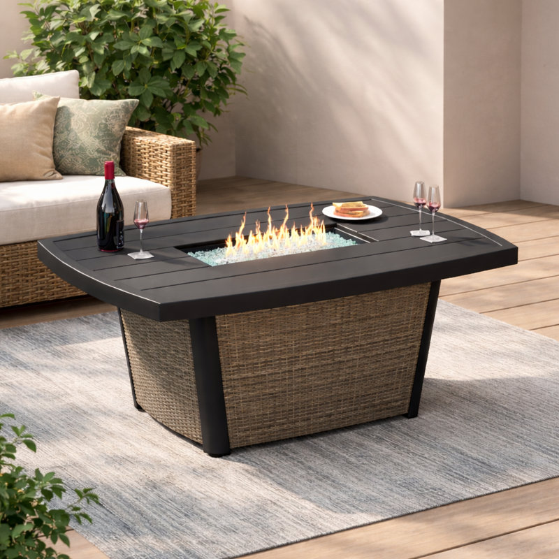 Baecher 24.61" H x 51.97" W Aluminum Outdoor Fire Pit Table with Wicker Base and Hidden Fuel Tank Storage, Brown/Dark Gray