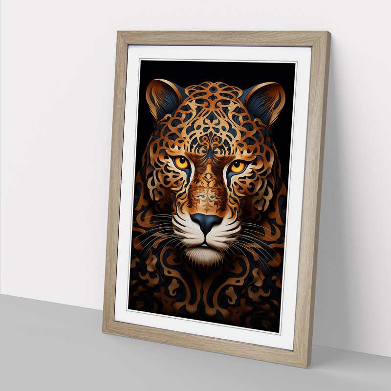 Leopard Op - Single Picture Frame Print on Wood, 64cm H x 46cm W x 2cm D, Oak Framed