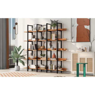 Bibliothèque à 5 niveaux avec bureau ouvert, tablette de style industriel rétro, panneau de fibres à densité moyenne, structure en métal noir, brun (ancien numéro de référence: WF300935AAB)
