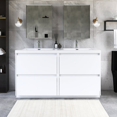 Meuble-lavabo double autoportant 60 po avec plateau en résine intégré 60 po