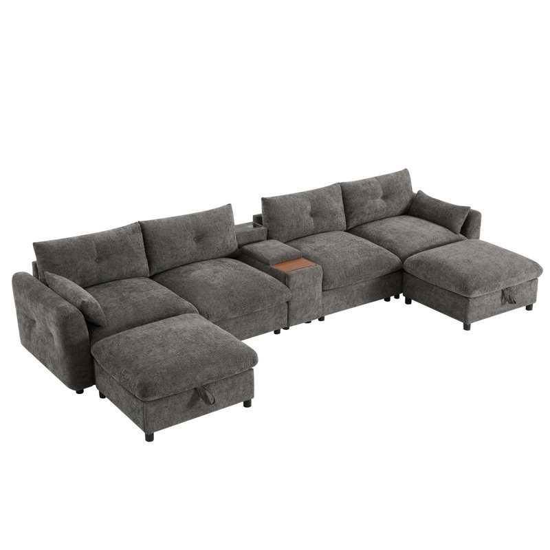 Modular Sectional Sofa with Movable Storage Ottoman and Console, Grey Chenille