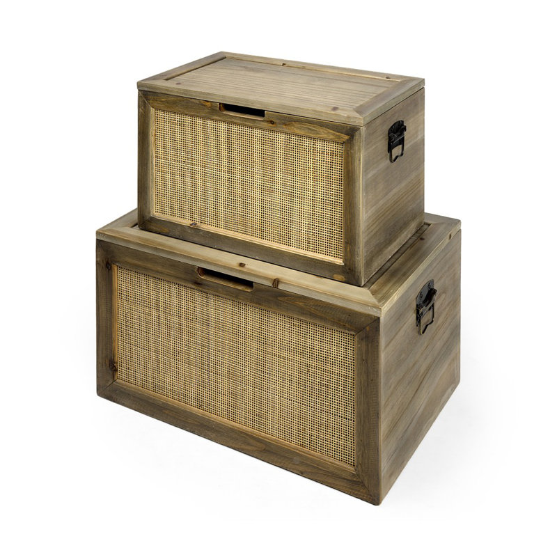 Ensemble de 2 boîtes de rangement en bois brun et bois naturel et canne