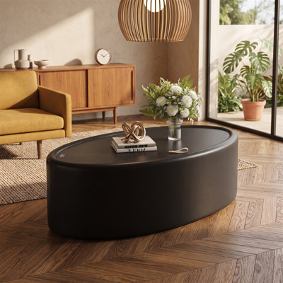 Table basse ovale de 33,46 po, avec rangement dissimulé, plateau en verre trempé avec revêtement en cuir de haute qualité, table basse avec rangement, style Mid-Century moderne, noir